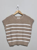 Taupe and white horizontal striped crew-neck sweater vest with wide shoulders