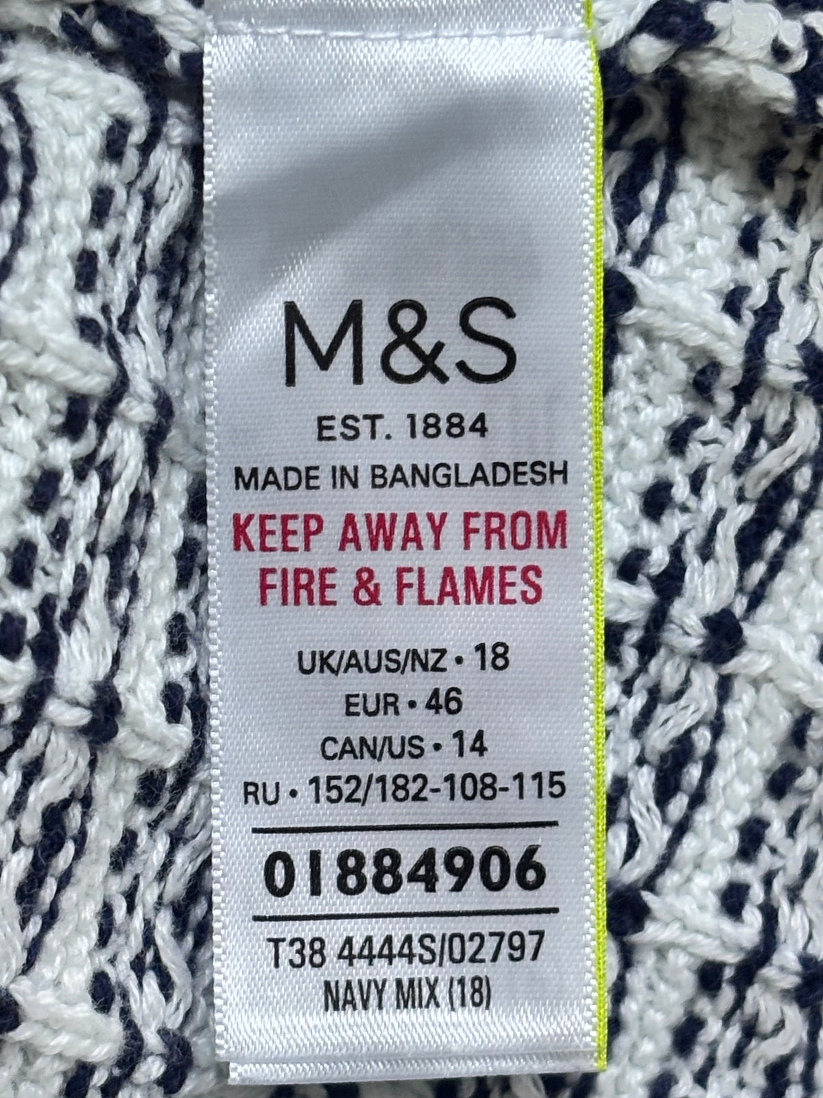 M&S label showing UK 18, EUR 46 and US 14, navy mix