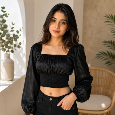A woman wearing a black satin long-sleeve crop top with a square neckline and puff sleeves, paired with black jeans, standing in a sunlit indoor setting with a wicker chair and potted plants in the background.