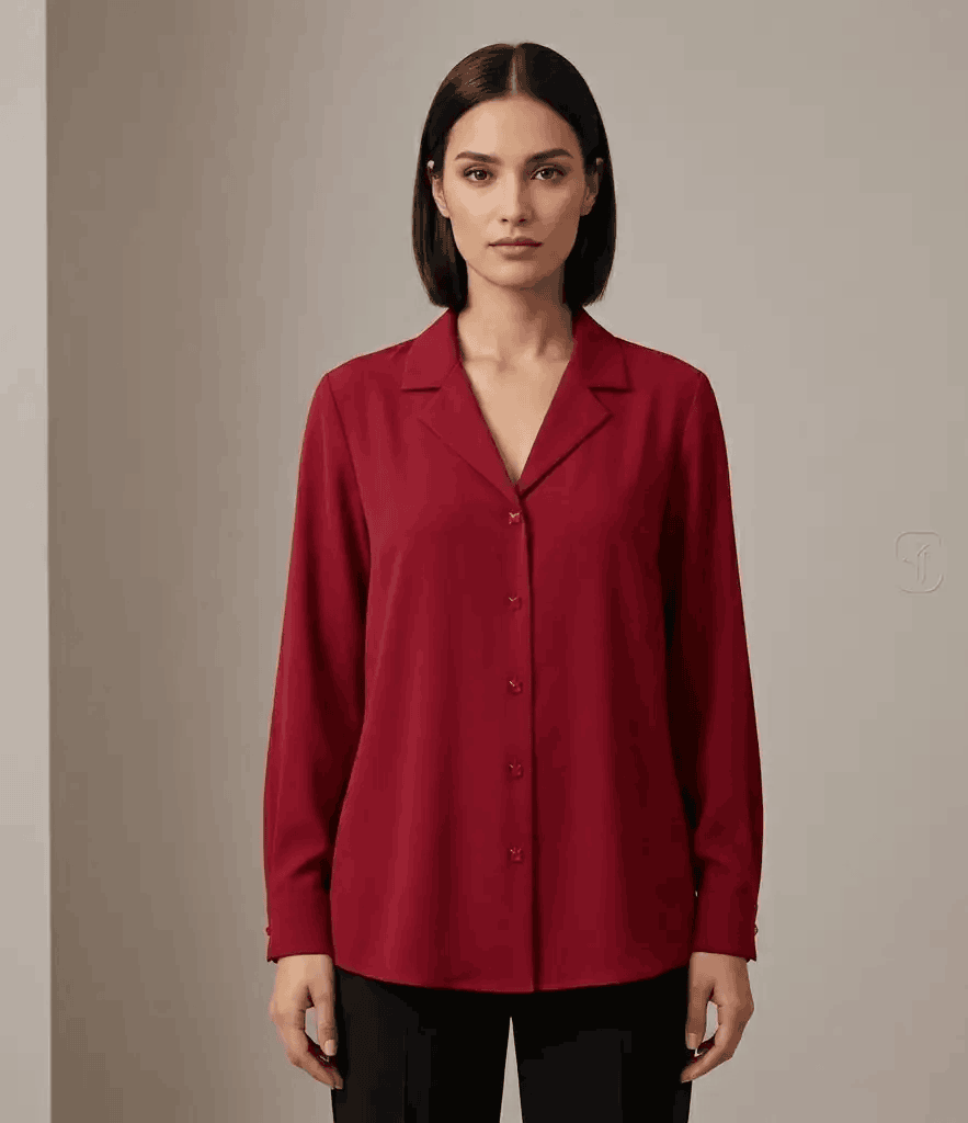 Woman wearing a red blouse against a neutral background