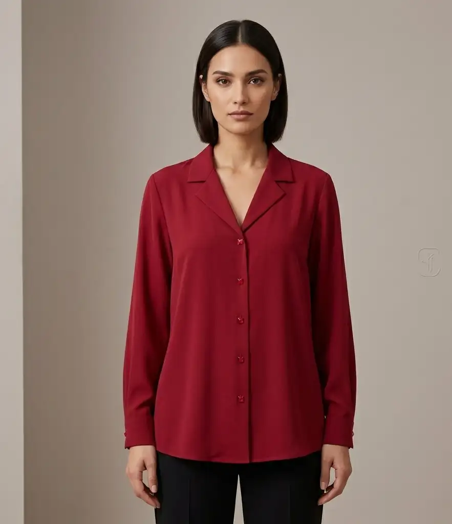 Woman wearing a red blouse against a neutral background