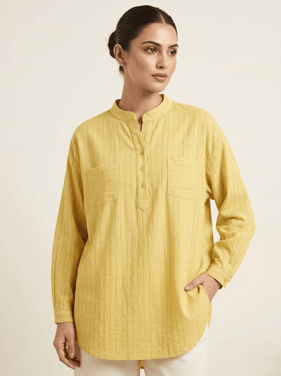 Mustard Yellow Cotton Mandarin Collar Half Button Oversized Shirt western preloved