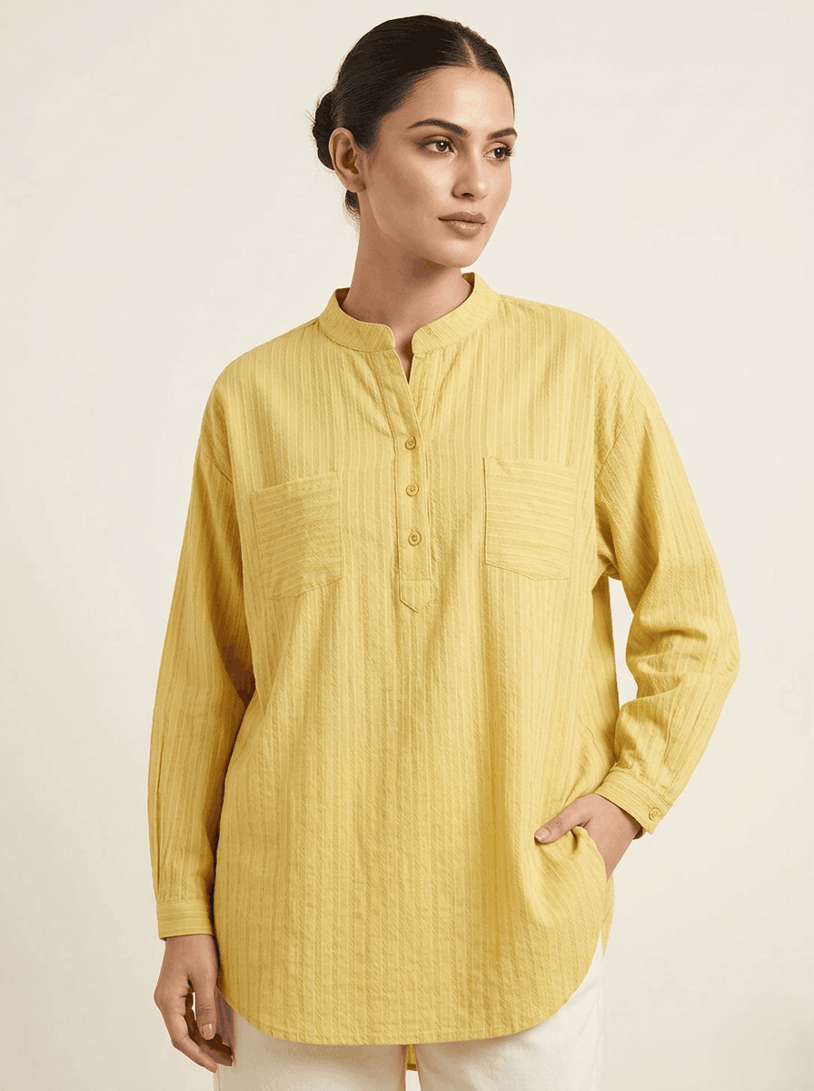 Mustard Yellow Cotton Mandarin Collar Half Button Oversized Shirt western preloved