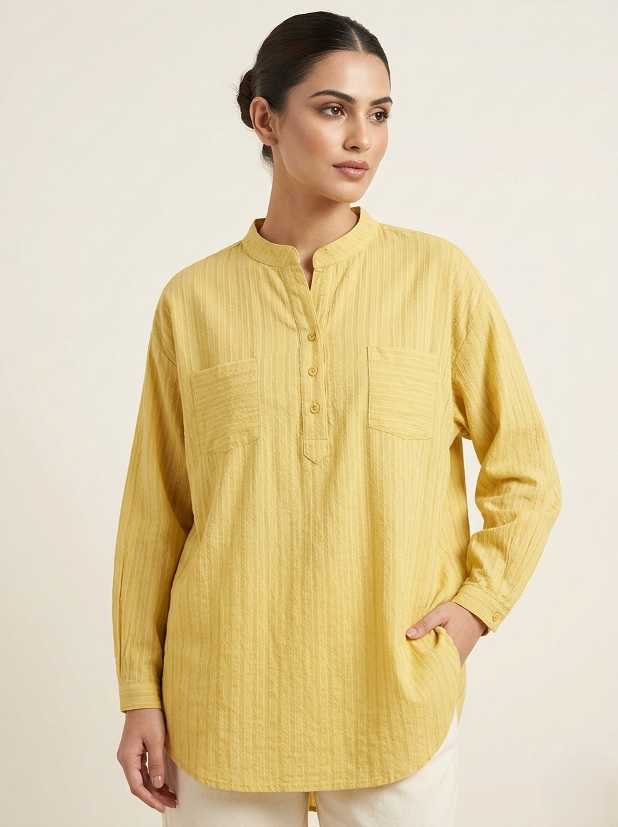 Mustard Yellow Cotton Mandarin Collar Half Button Oversized Shirt