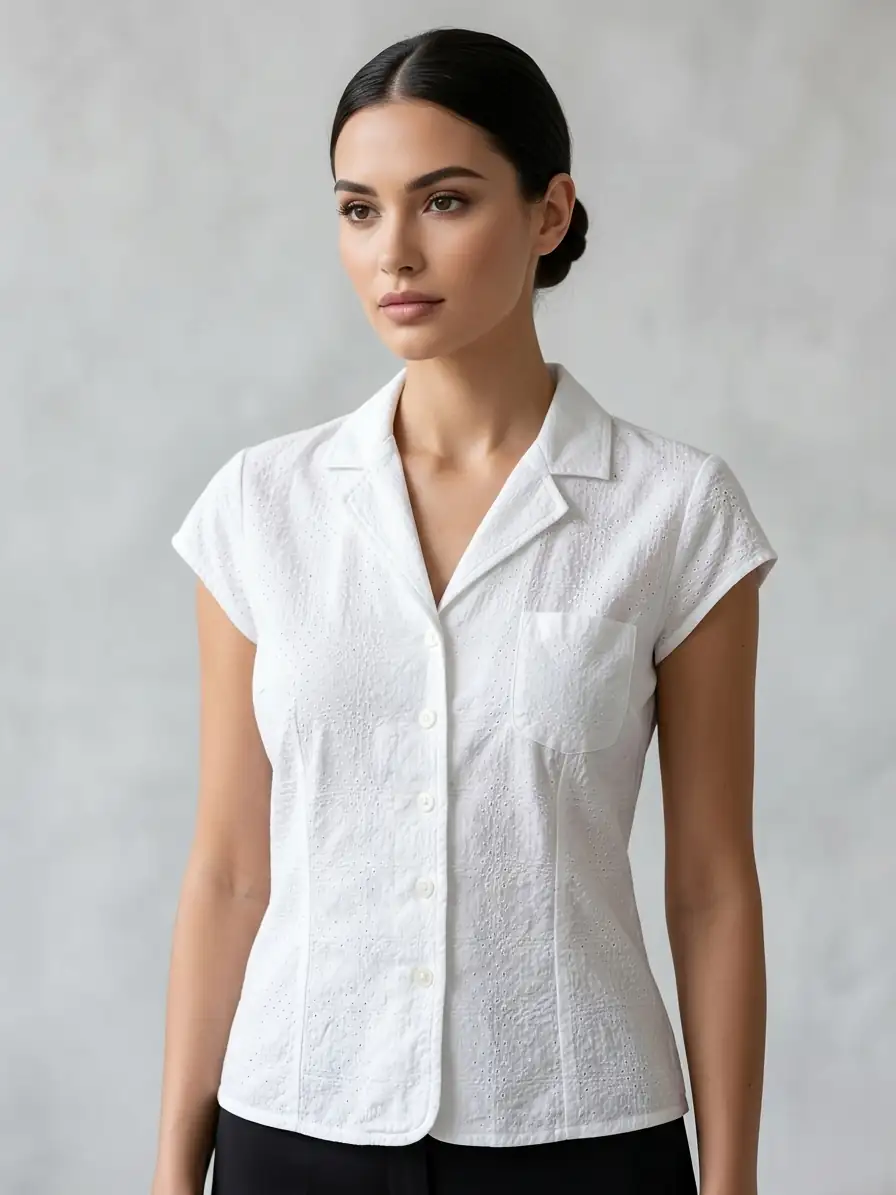 Woman wearing a white short-sleeve blouse against a plain background