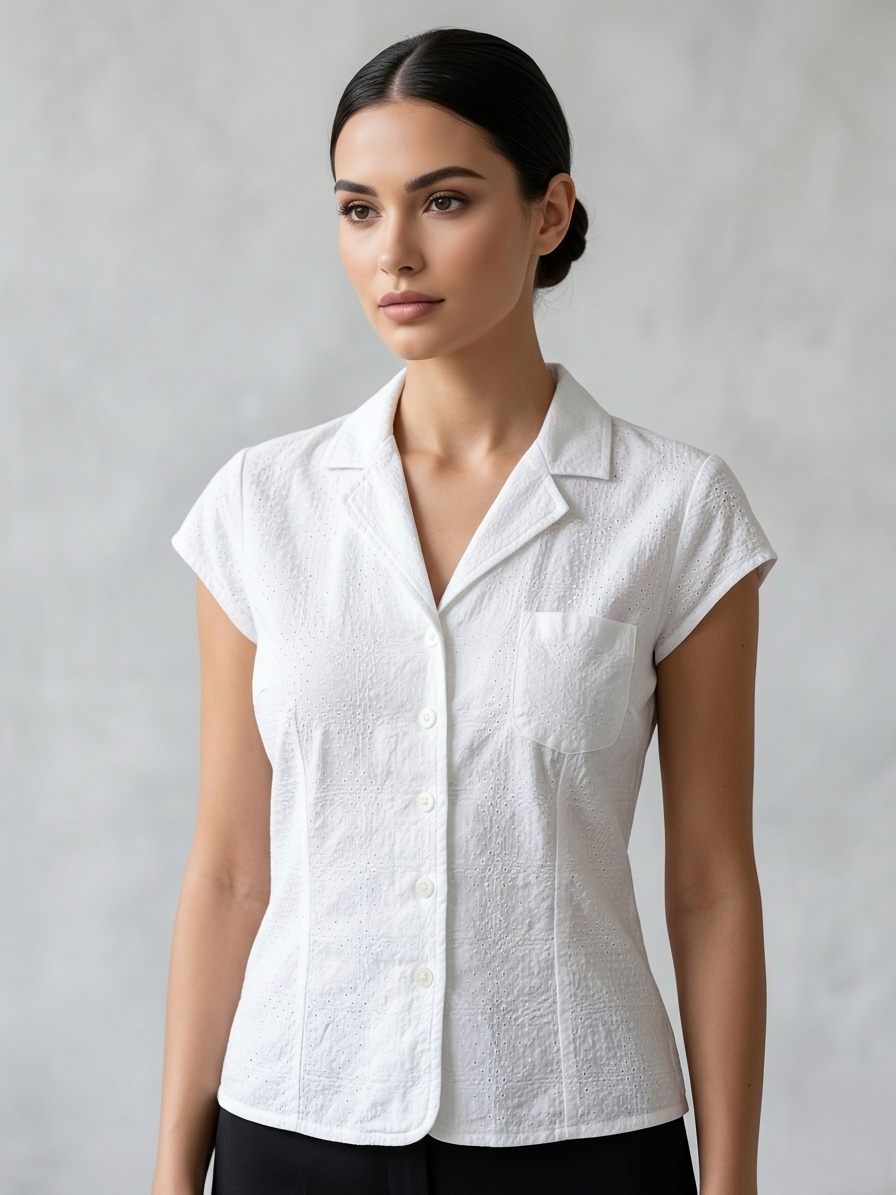 Woman wearing a white short-sleeve blouse against a plain background