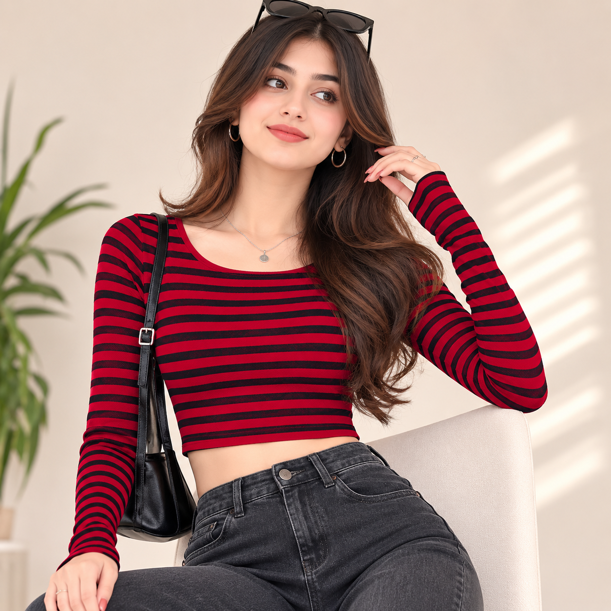 A woman wearing a red and black horizontally striped long-sleeve crop top, paired with dark gray jeans and carrying a black shoulder bag, sitting in a brightly lit indoor setting.