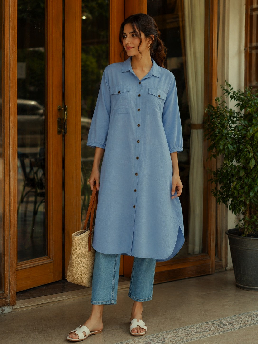 A woman wearing a light blue button-front tunic shirt with three-quarter sleeves and light blue cropped jeans, standing in front of a wooden door and holding a woven tote bag.