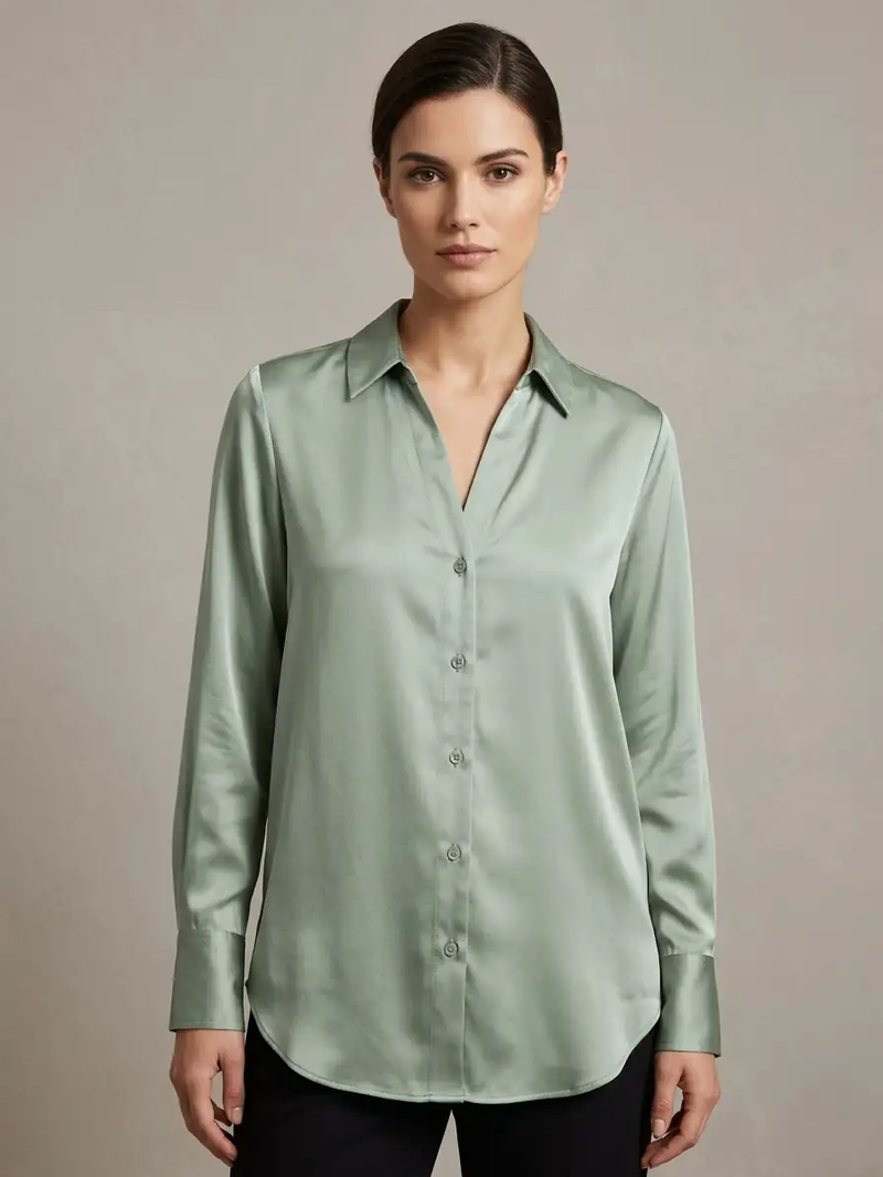 Woman wearing a light green shirt against a neutral background