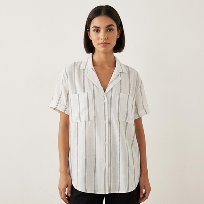 White & Black Striped Viscose Linen Short Sleeve Cuban Collar Shirt