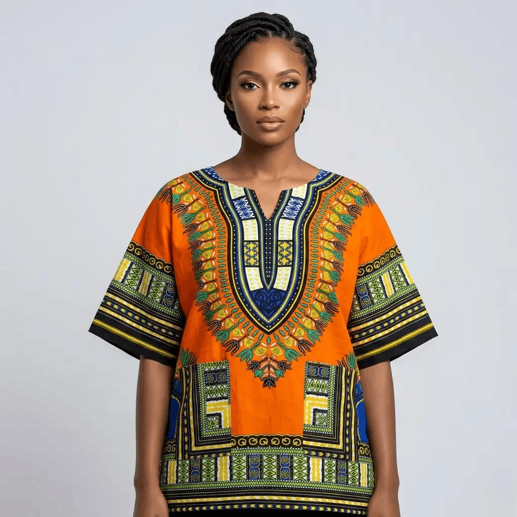 Woman wearing a colorful traditional African garment against a gray background