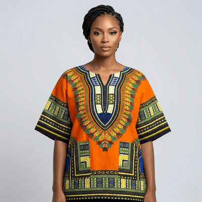 Woman wearing a colorful traditional African garment against a gray background