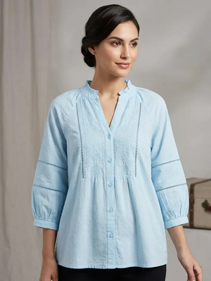 Embroidered Ruffle Neck Button-Down Blouse