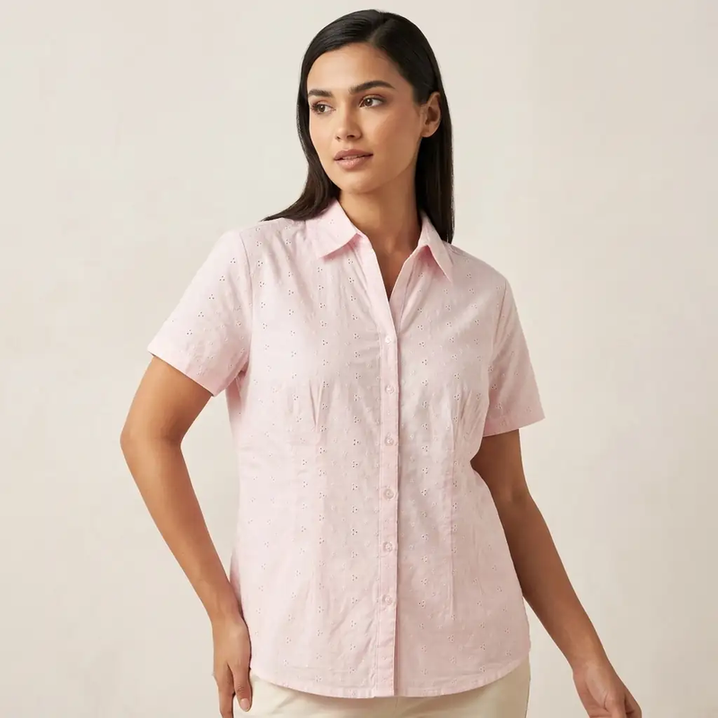 Light Pink Eyelet Cotton Short Sleeve Button-Down Shirt western preloved