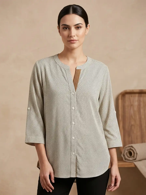 White Micro Dot Print Chiffon 3/4 Sleeve Collarless Shirt