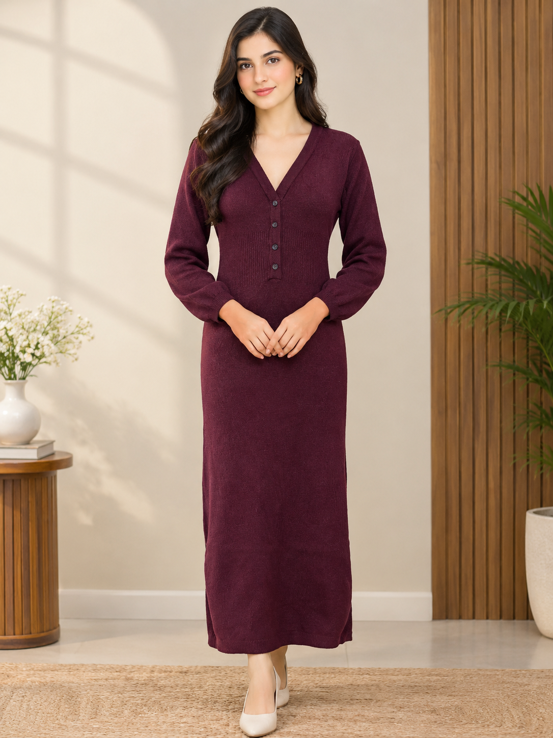 Burgundy V-Neck Button-Detail Long-Sleeve Midi Dress