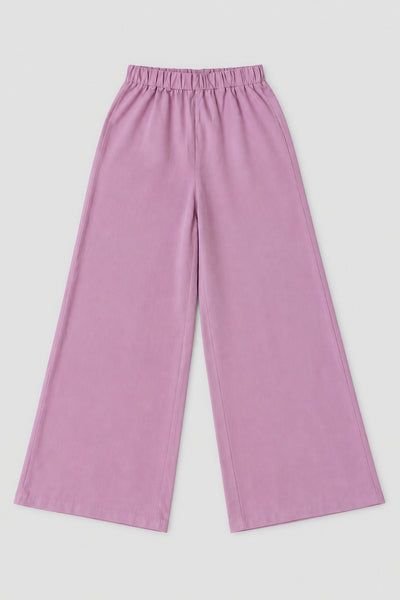 Lilac high-rise wide-leg trousers laid flat