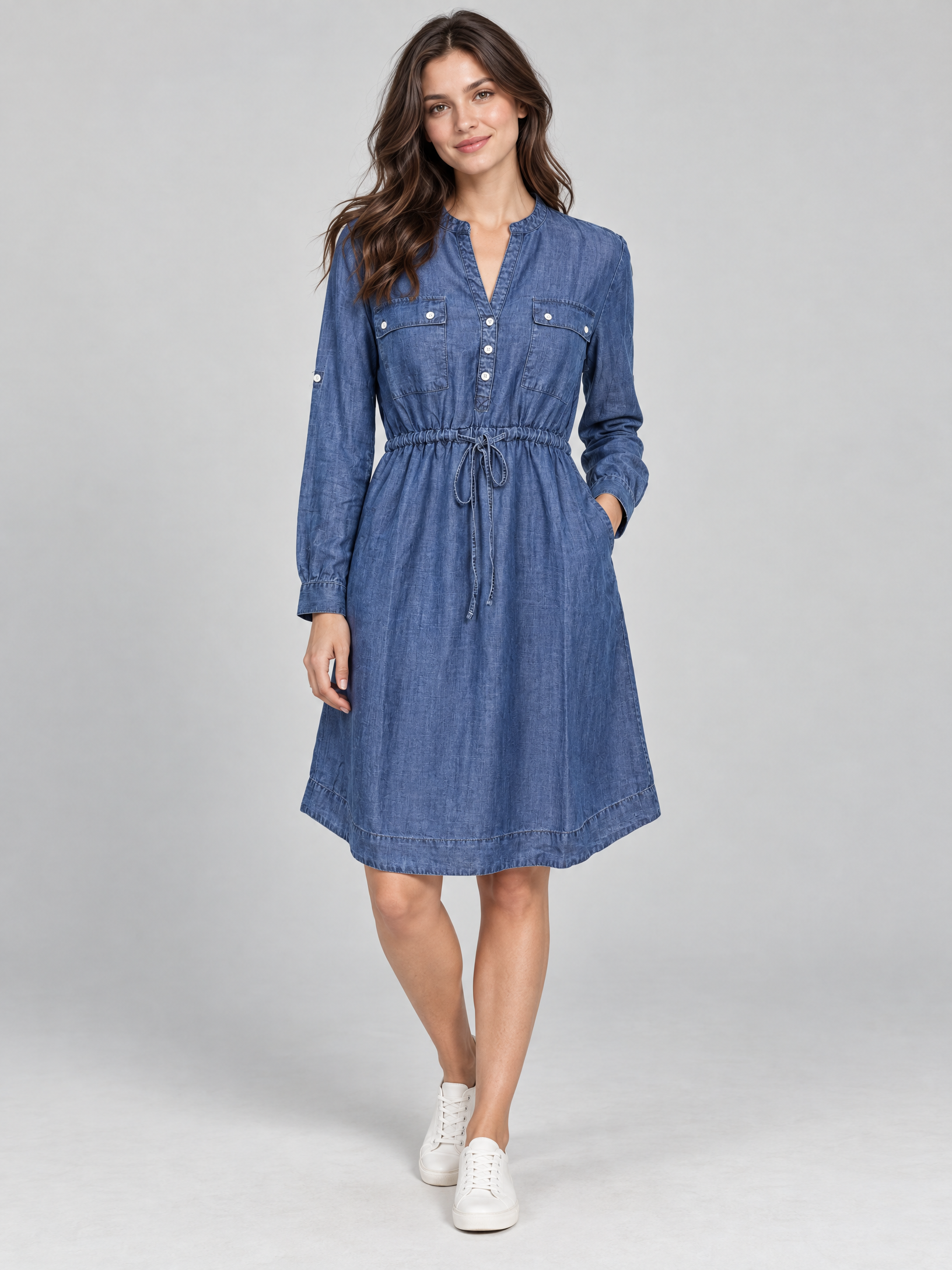 Blue Drawstring Waist Long-Sleeve Maternity Shirt Dress