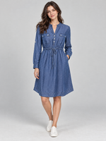 Blue Drawstring Waist Long-Sleeve Maternity Shirt Dress