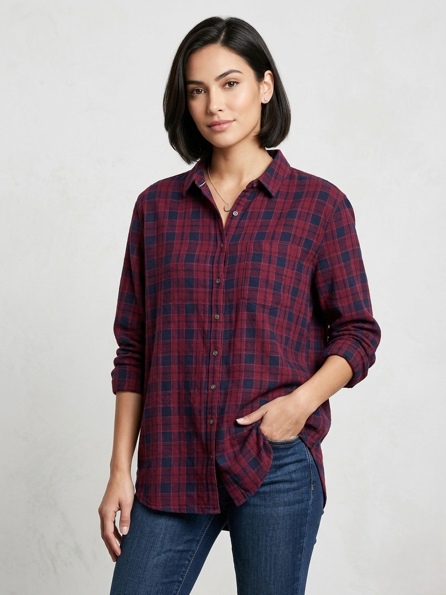 Woman wearing a red and blue plaid shirt with a plain background