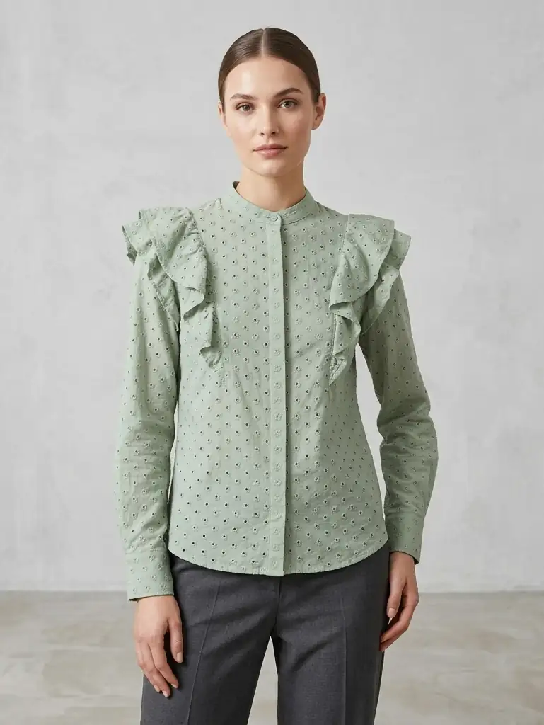 Woman wearing a green blouse with ruffled details against a plain background