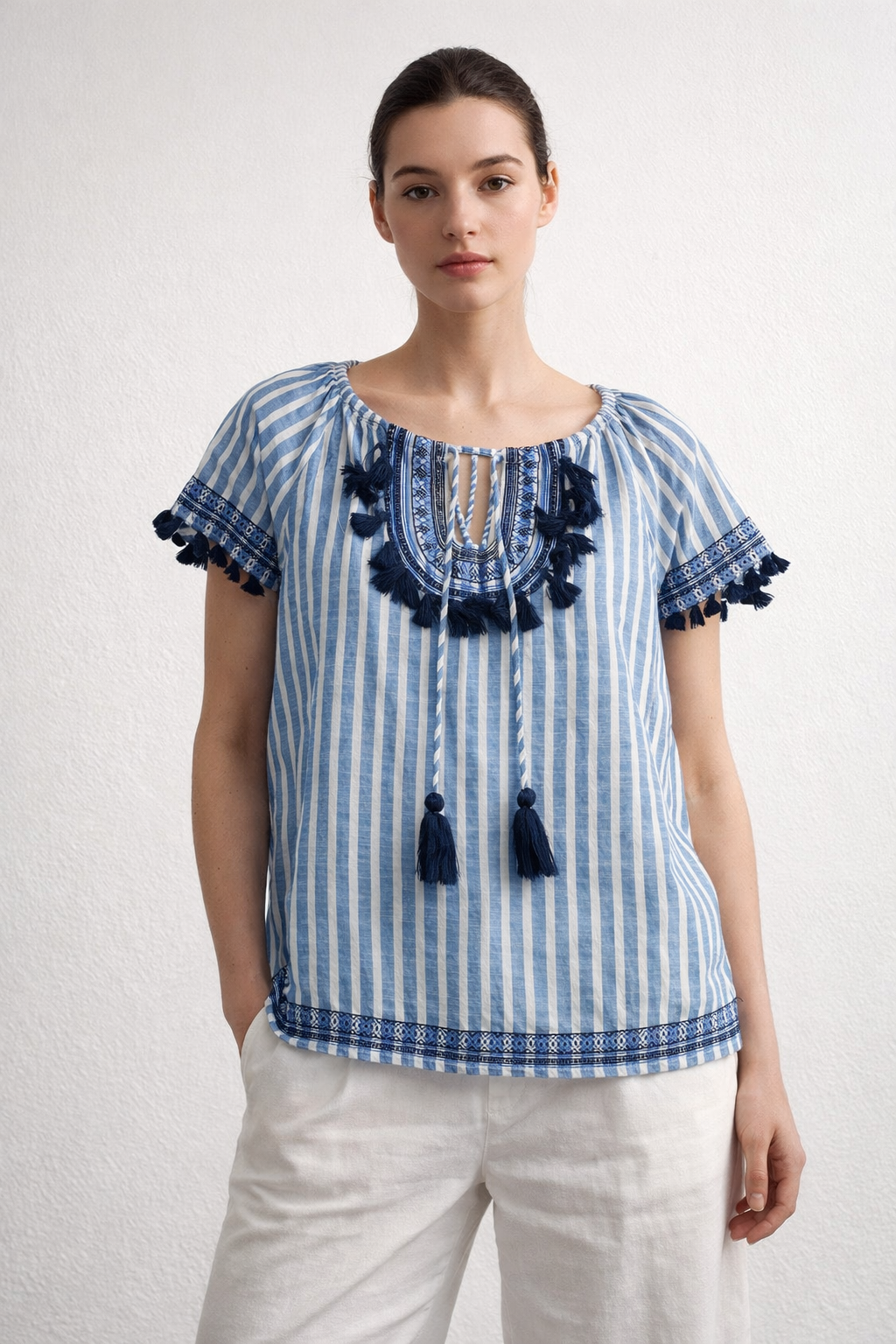 Boho Striped Tassel & Embroidery Flutter Sleeve Top