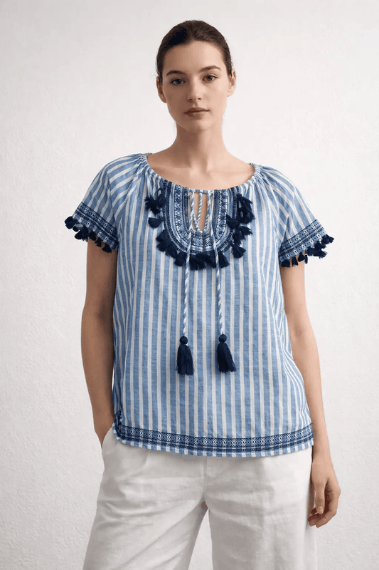 Boho Striped Tassel & Embroidery Flutter Sleeve Top western preloved