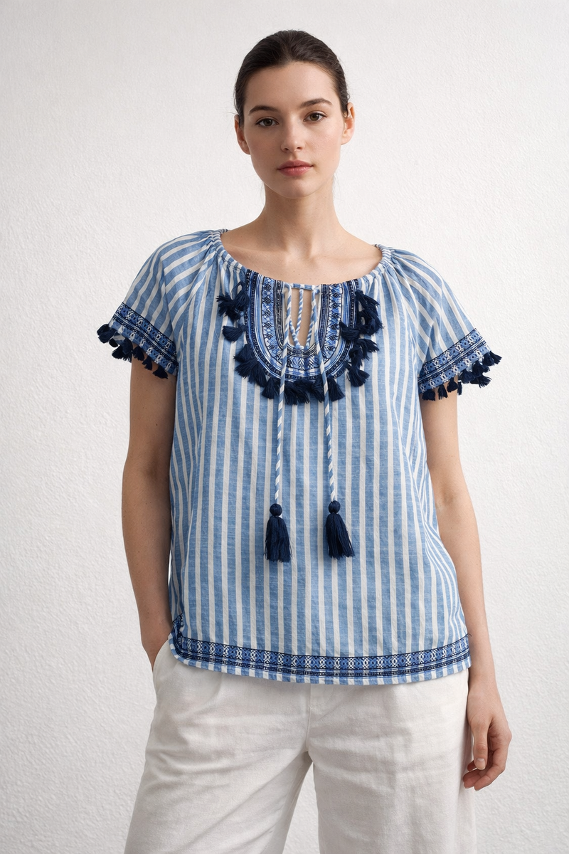 Boho Striped Tassel & Embroidery Flutter Sleeve Top