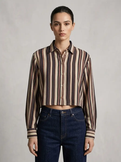 Woman wearing a striped shirt and jeans against a plain background