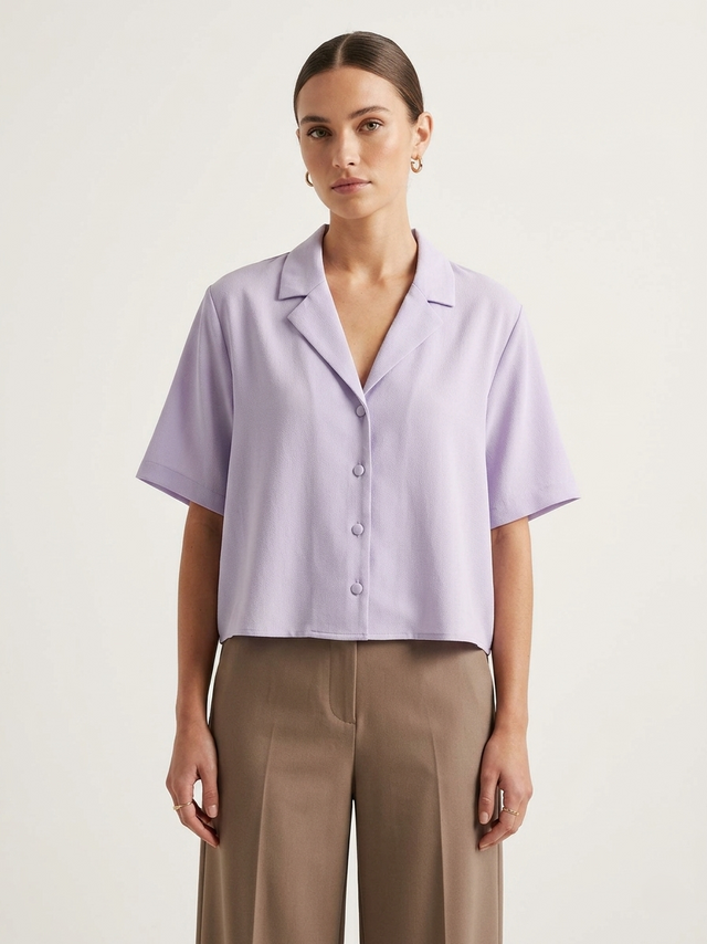 Relaxed Notch-Collar Short Sleeve Crop Top