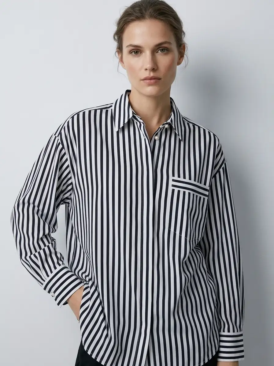 Woman wearing a black and white striped shirt against a plain background