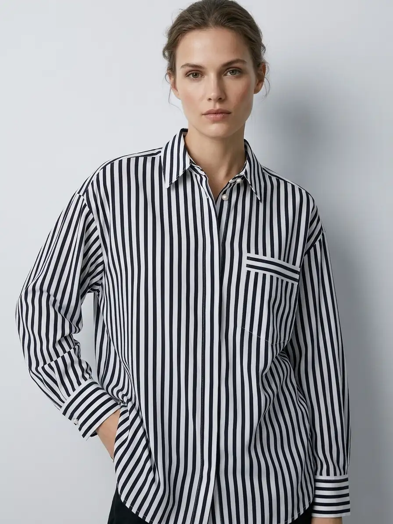 Woman wearing a black and white striped shirt against a plain background