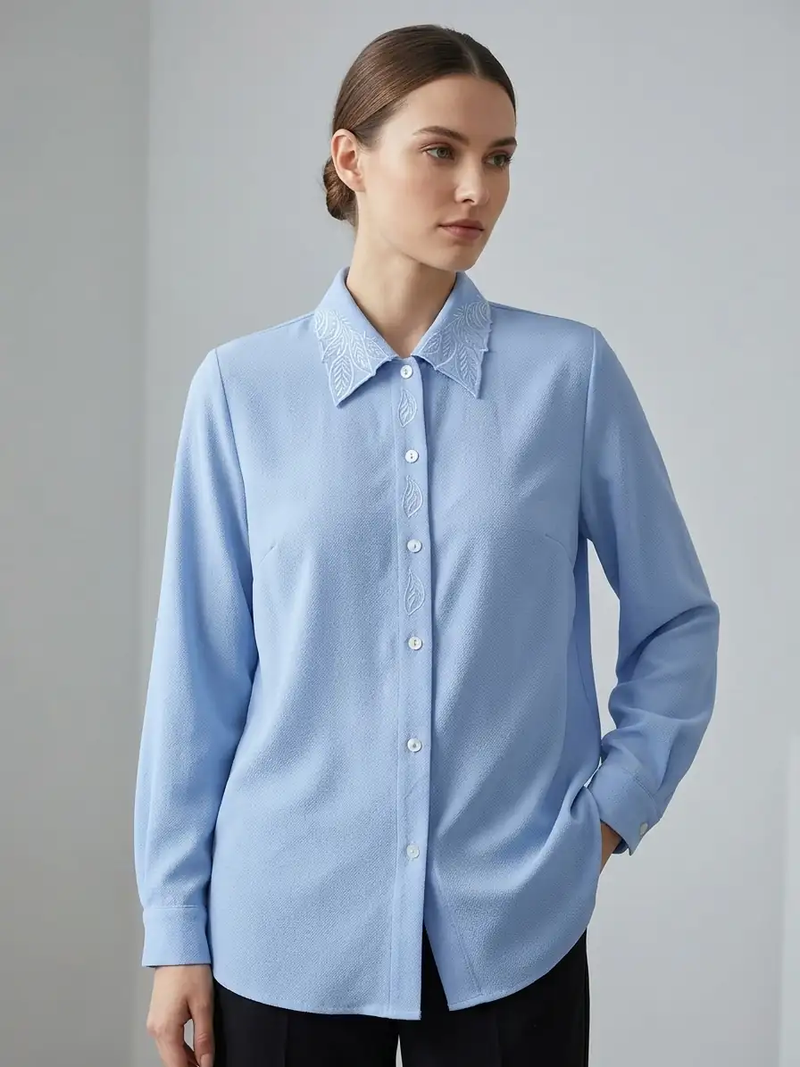 Embroidered Collar Leaf-Detail Button-Down Blouse western preloved