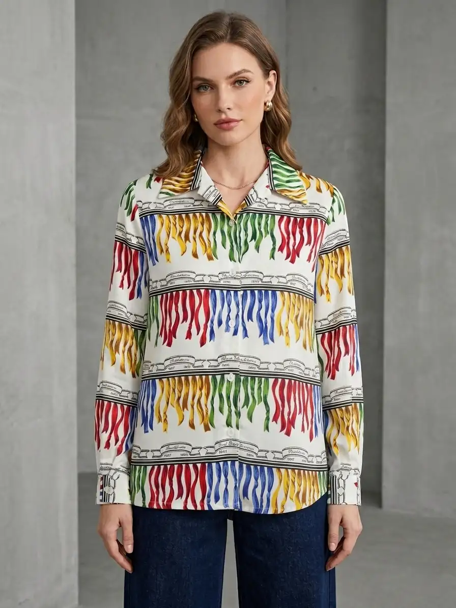 Woman wearing a colorful patterned blouse against a gray background