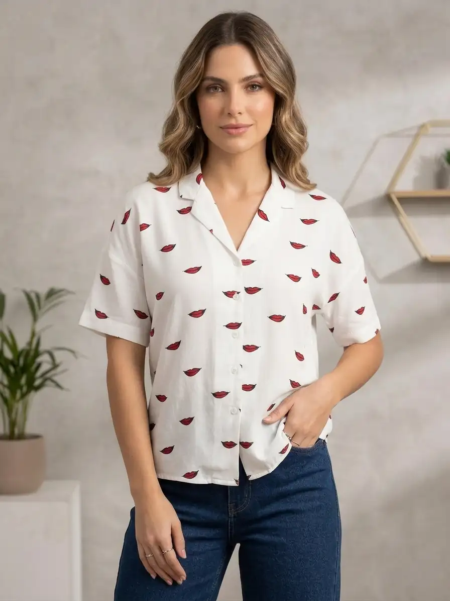 Woman wearing a white blouse with red pattern and blue jeans against a neutral background