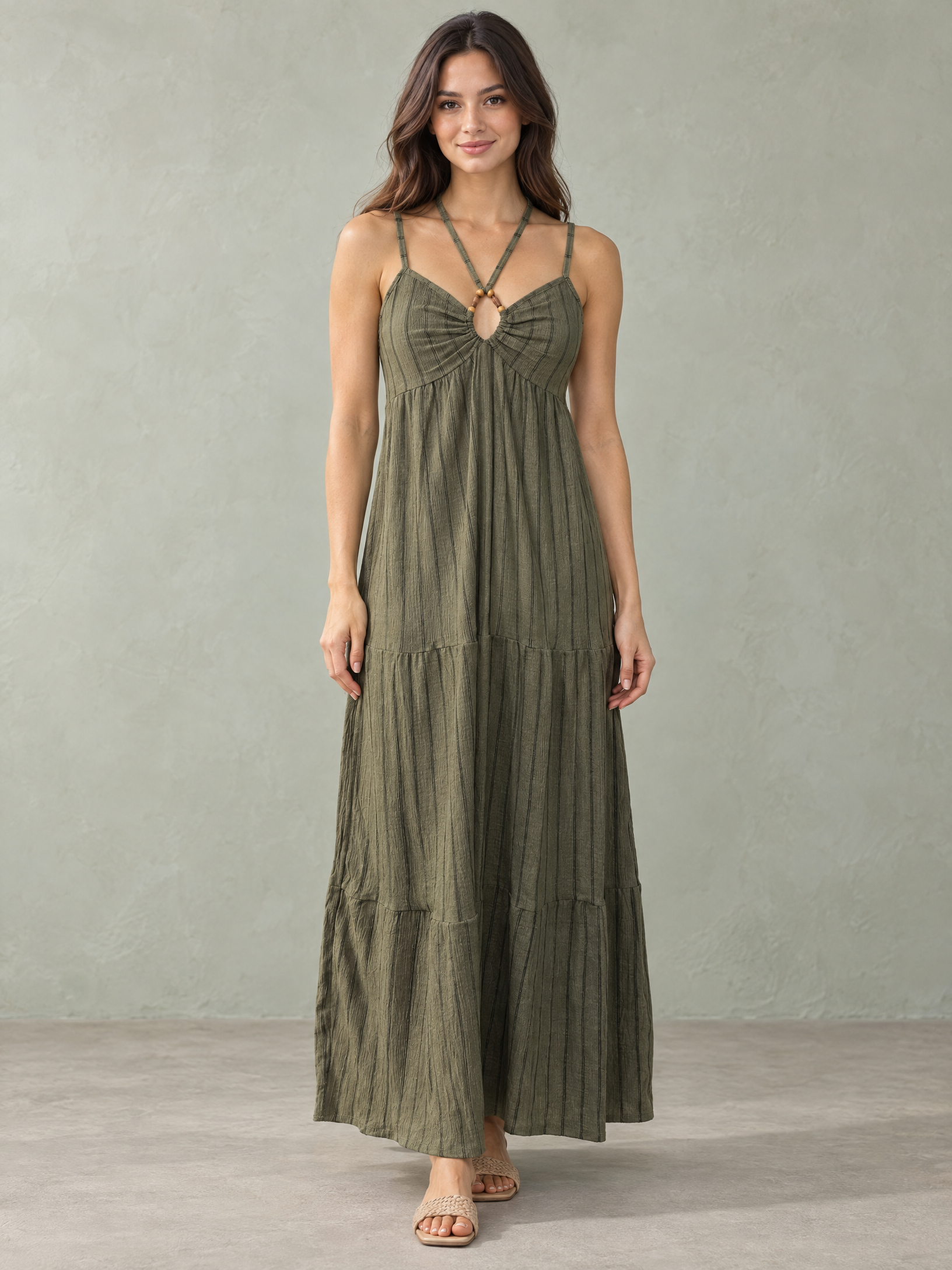 Olive Green Striped Keyhole Tiered Maxi Dress