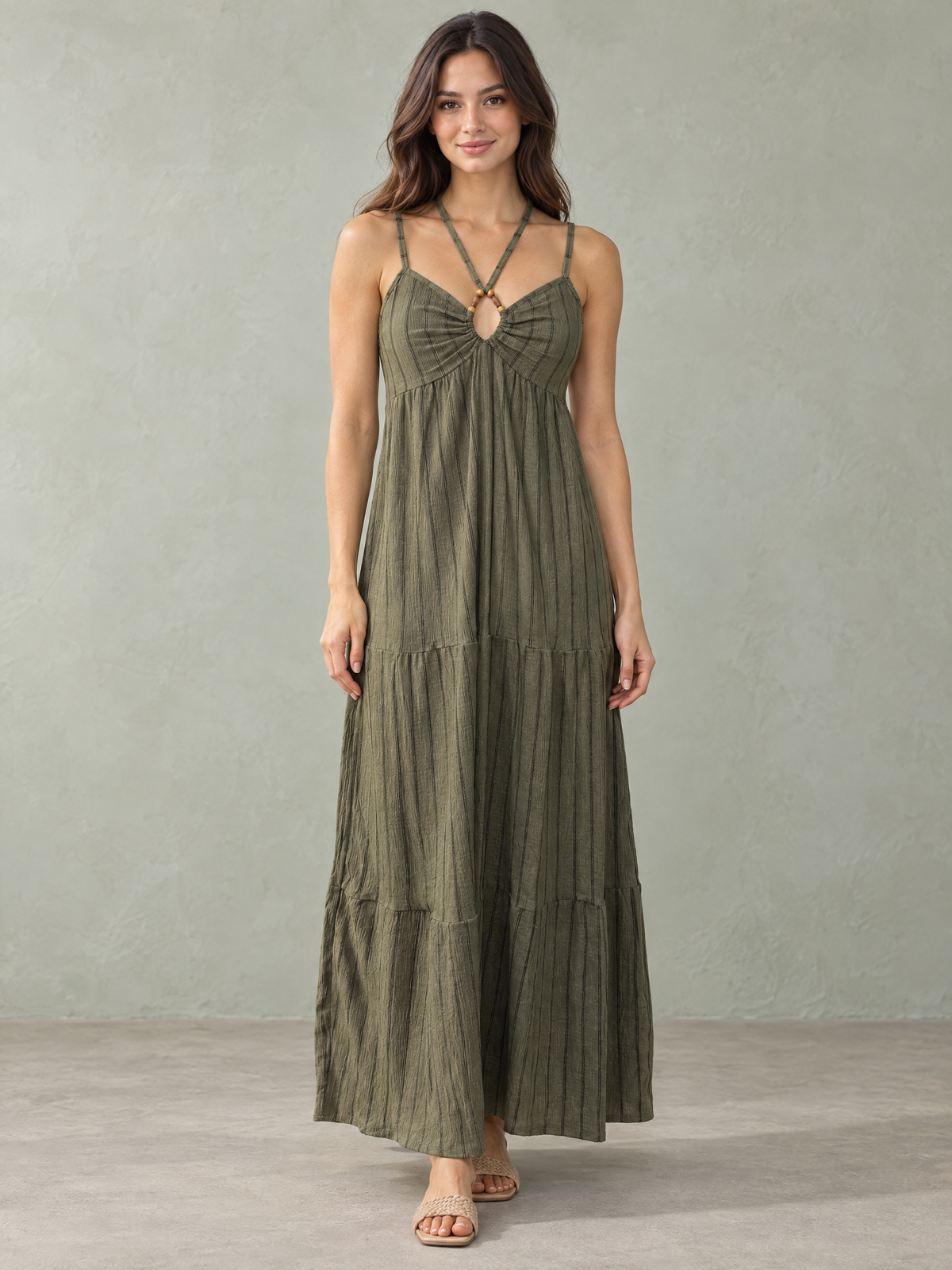Olive Green Striped Keyhole Tiered Maxi Dress