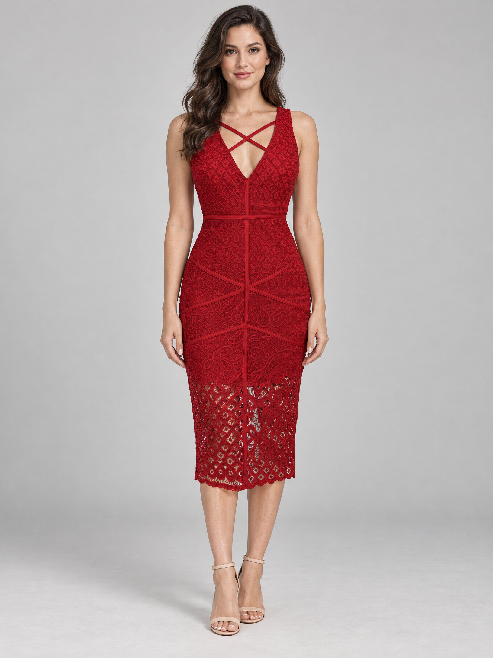 Red Crisscross V-Neck Sleeveless Bodycon Midi Dress