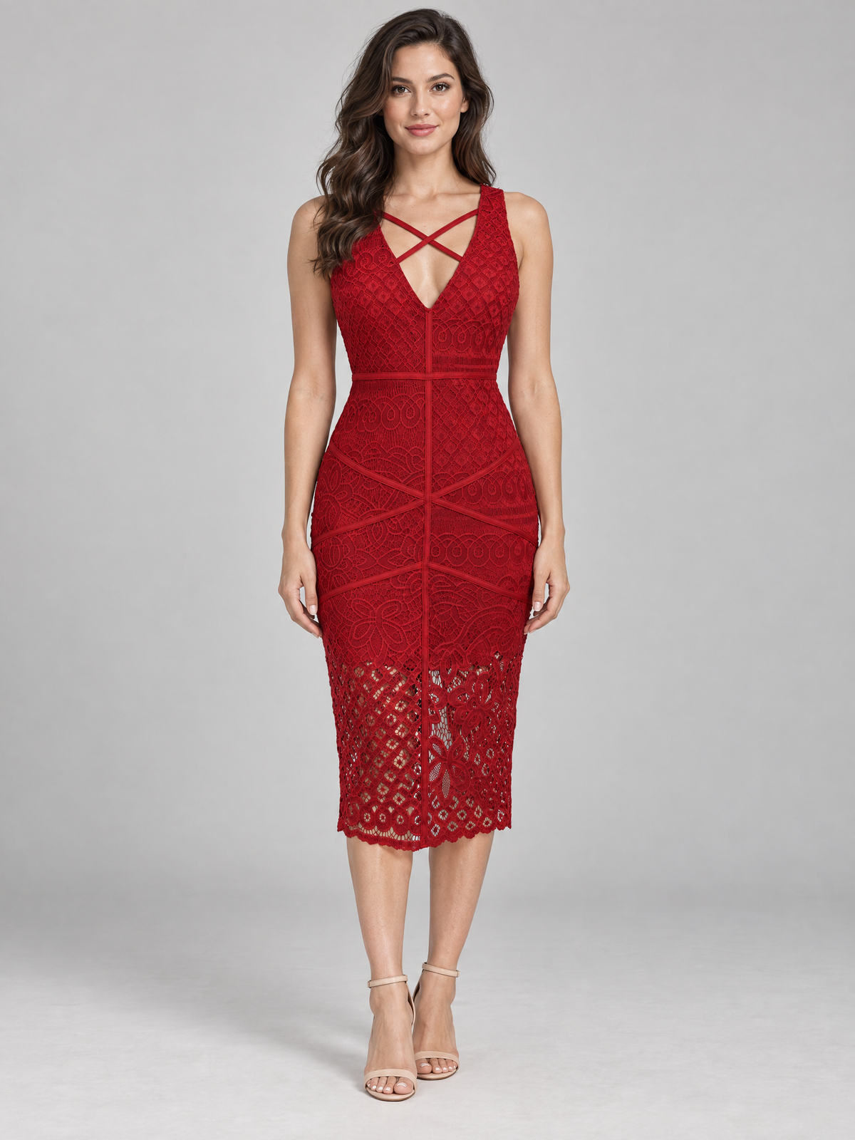 Red Crisscross V-Neck Sleeveless Bodycon Midi Dress