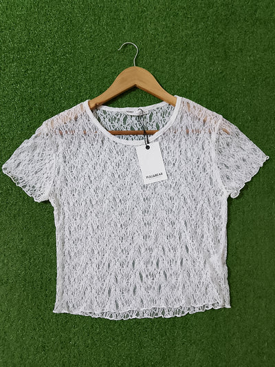 White Sheer Lace Open-Knit Crop Top with Scalloped Hem