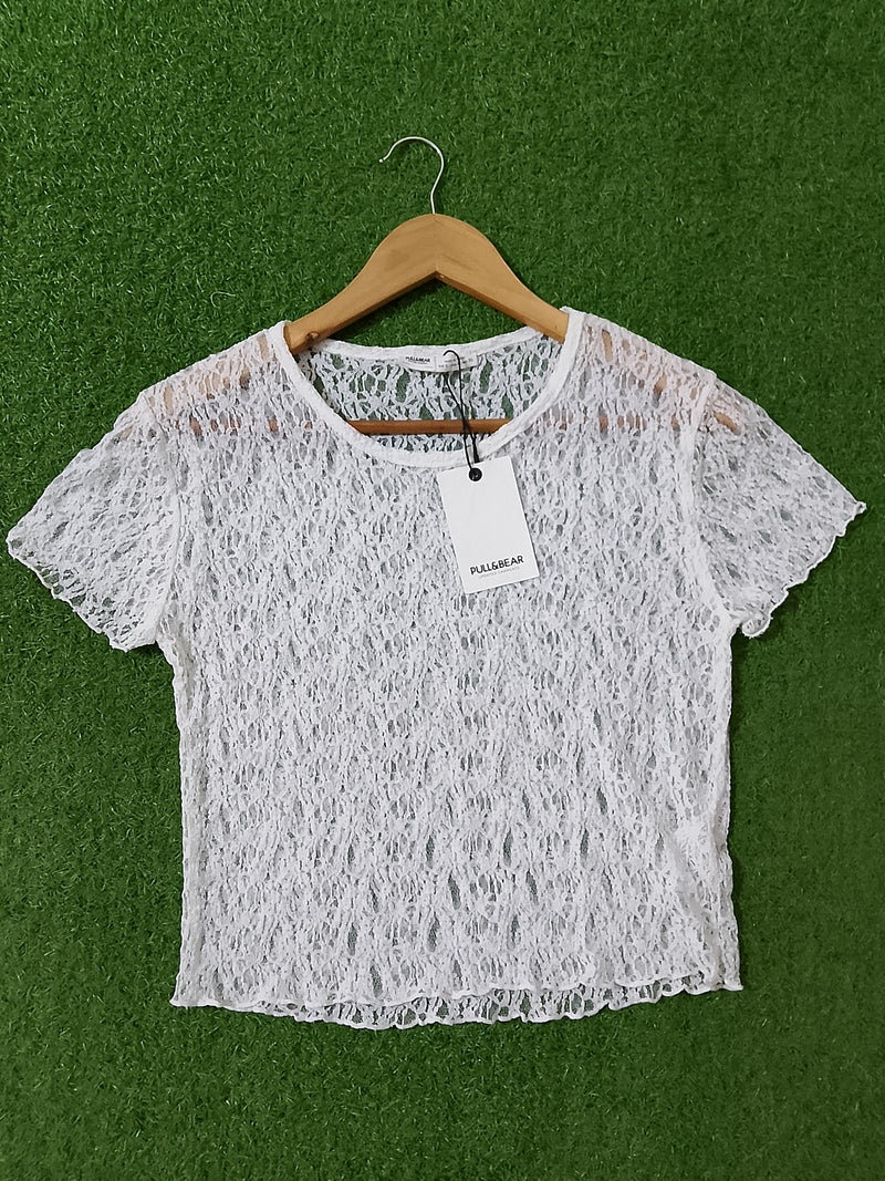 White Sheer Lace Open-Knit Crop Top with Scalloped Hem