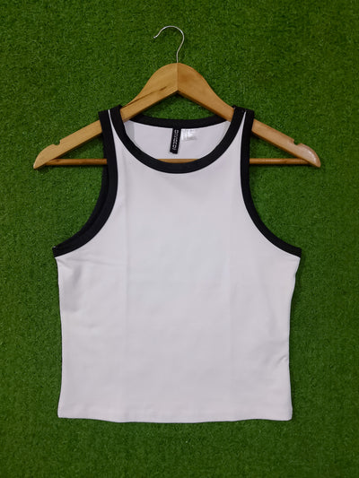 White Sleeveless Crop with Black Contrast Trim