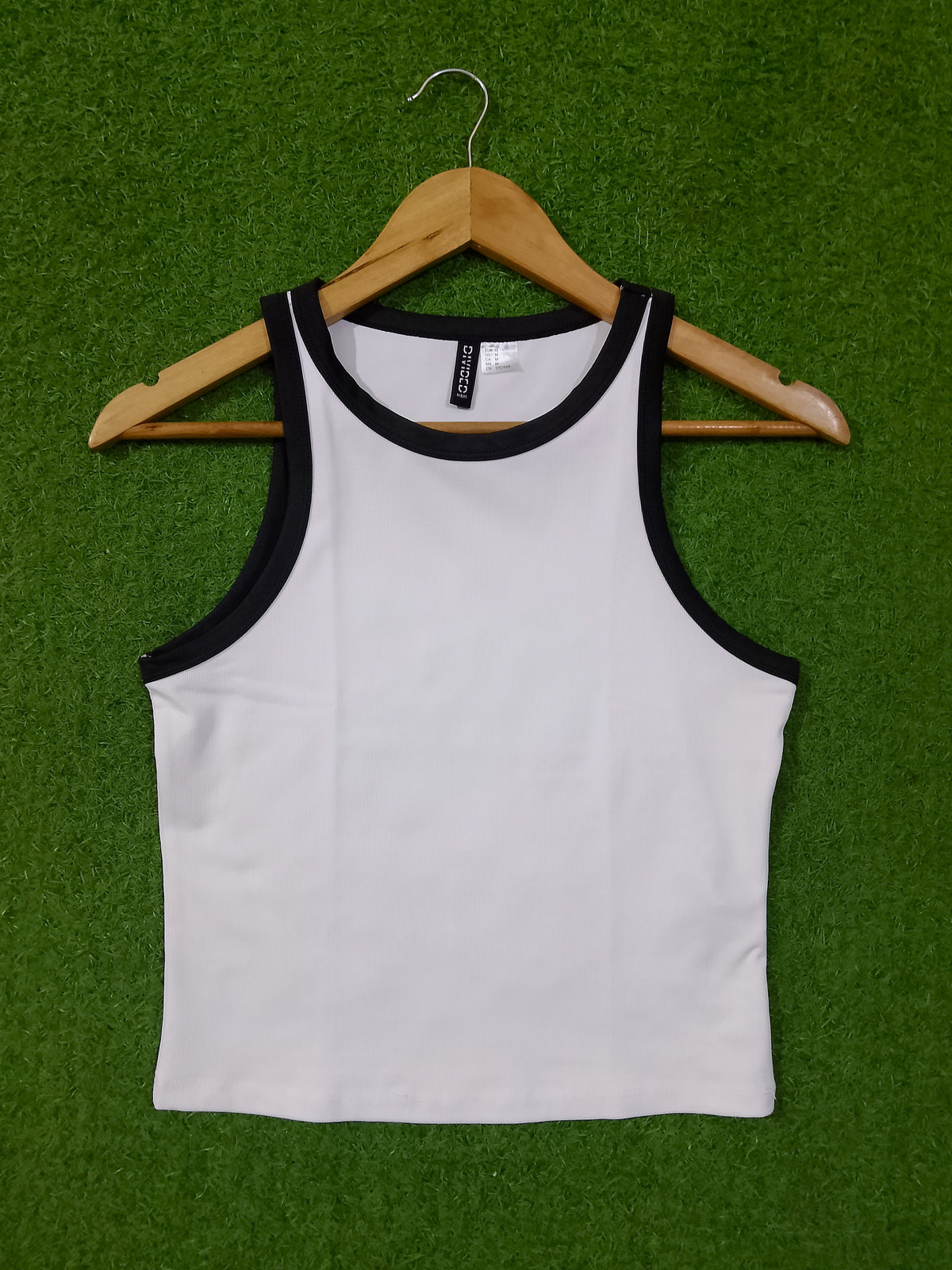 White Sleeveless Crop with Black Contrast Trim