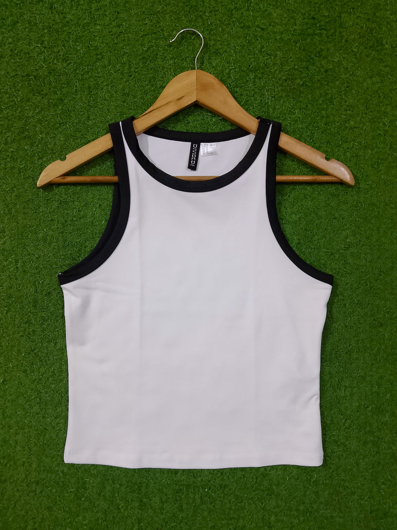 White Sleeveless Crop with Black Contrast Trim